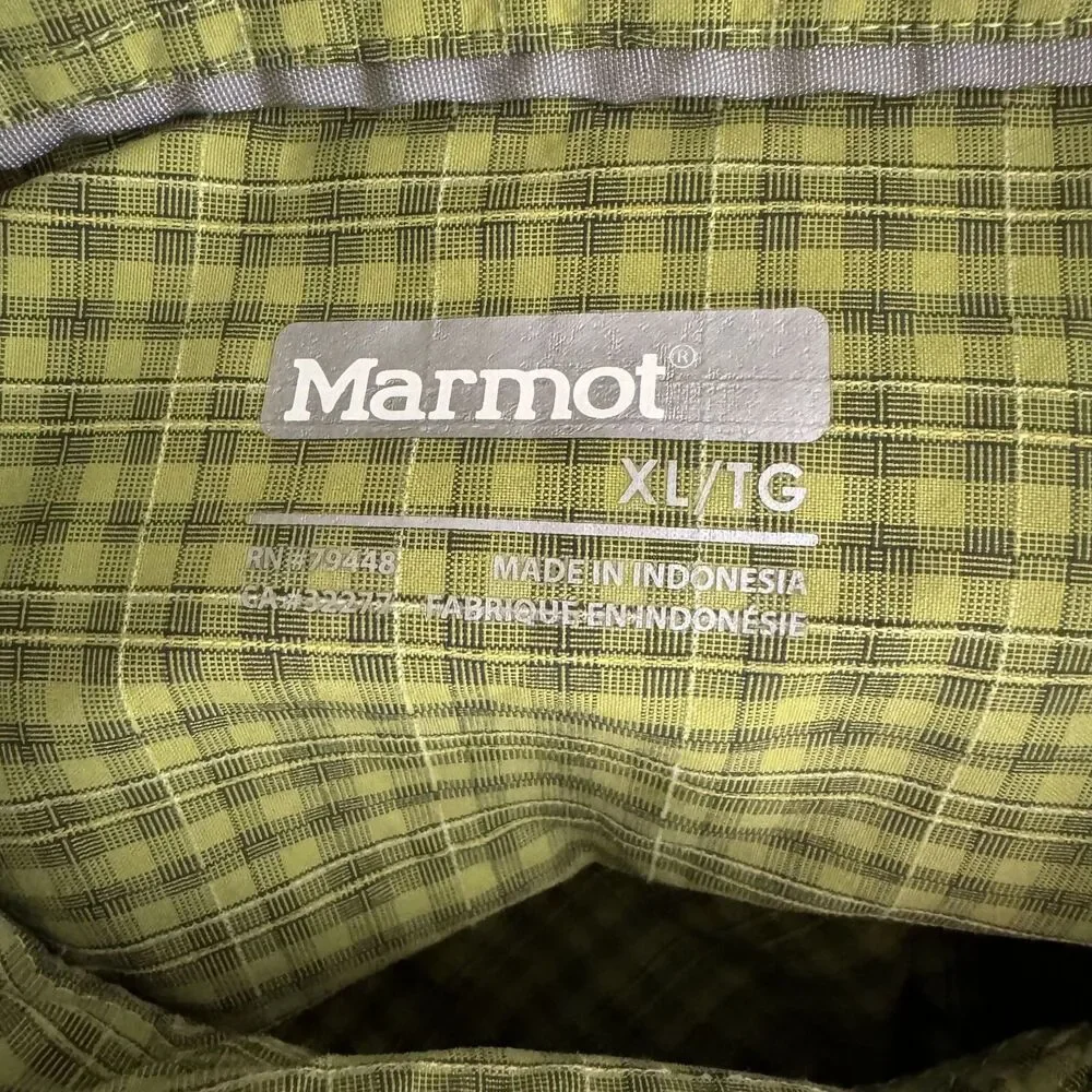 Marmot Mens Button Front Camp Shirt Top Plaid Zip Pocket Green XL